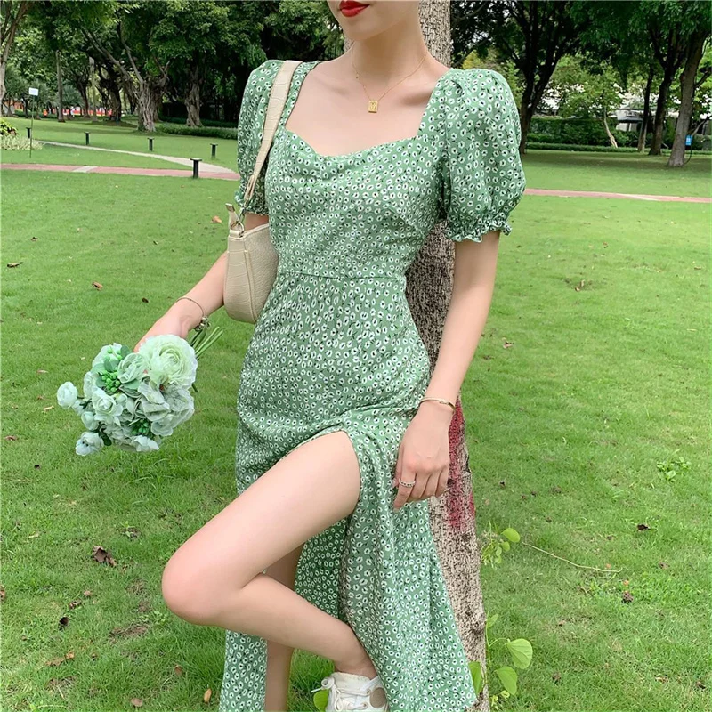 

Green Square Collar Puff Sleeve Floral Print Dress Women Slim Split Midi Dress Temperament Thin Slit Puff Sleeve Skirt