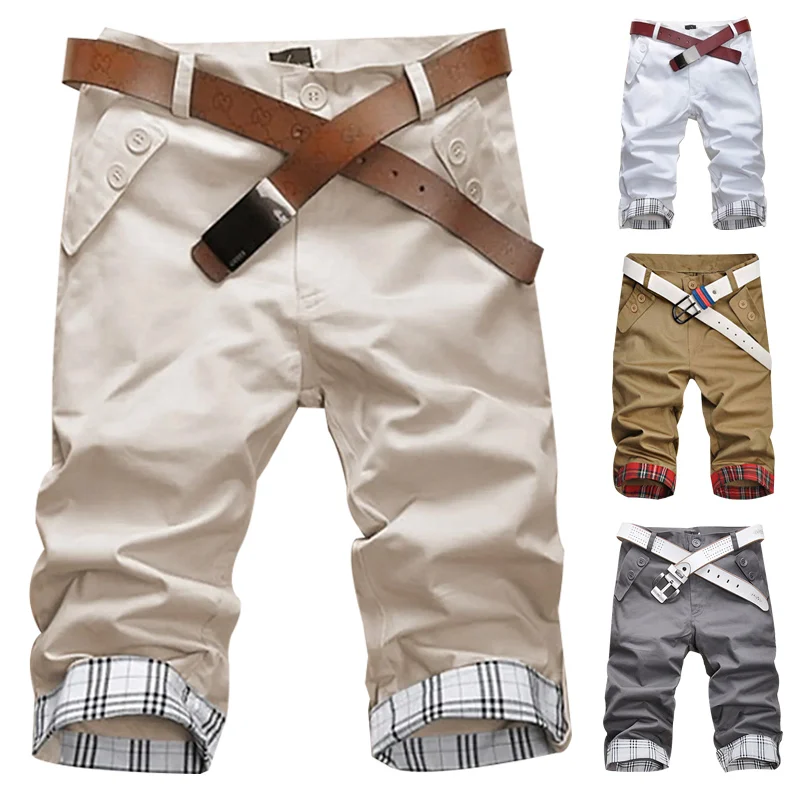 2022 Summer New Cropped Pants Men's Casual Overalls Shorts Slim Plaid Stitching Sports Pants
