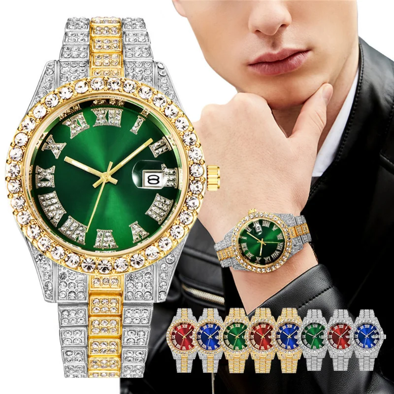 The New Red and Green Water Ghost Big Rhinestone Inlay Men's Watch Roman Scale Calendar Watches Quartz Watches Full of Diamonds
