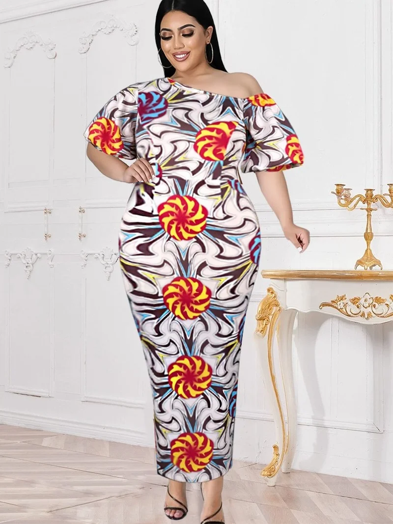

Plus Size 4XL Printed Long Dresses Bodycon one shoulder Short Puff Sleeves Robes High Waist Floral Slim Fit African Retro Outfit