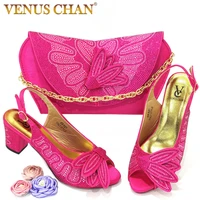 venus chan flower rhinestone design african womens fashion high heel fuchsia color sandals ladies party shoes and bags set