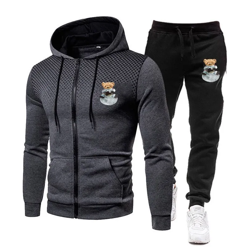 

New Men's Sportswear Hoodie Fitness Wear Bear Print Men's Running Suit Sportswear Jogging Men's Sportswear Winter Suit Sports
