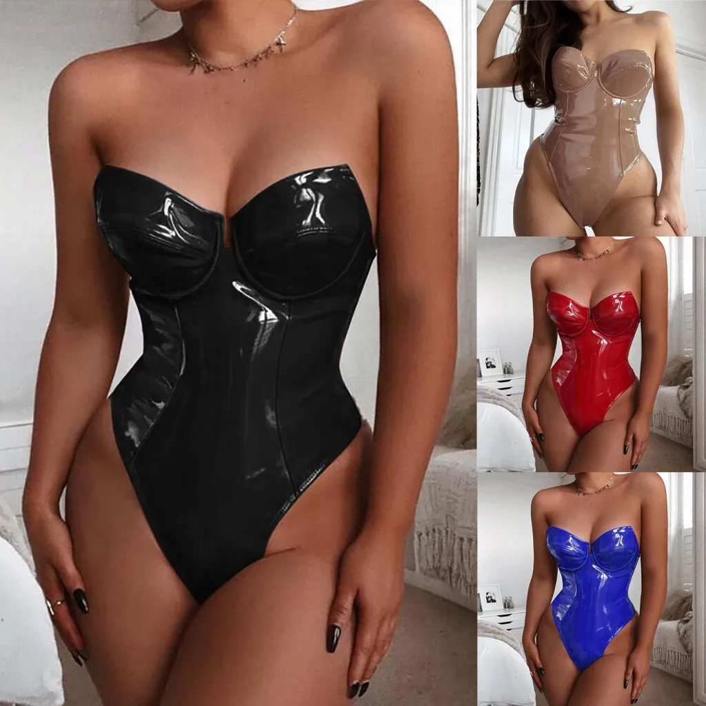 

2021 Plus Size Bodysuit Women Porn Fashion Solid Color Patent Leather Corset Jumpsuit Sexy Lingerie Party Bar Tempting Sleepwear