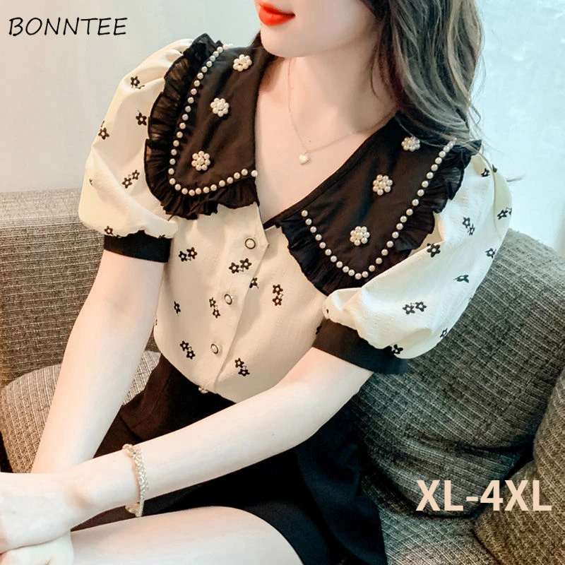 

Puff Sleeve Blouses Women Floral Peter Pan Collar Pearls Retro Design Classic Elegant French Style Mujer Блузки Fashion Ins OL