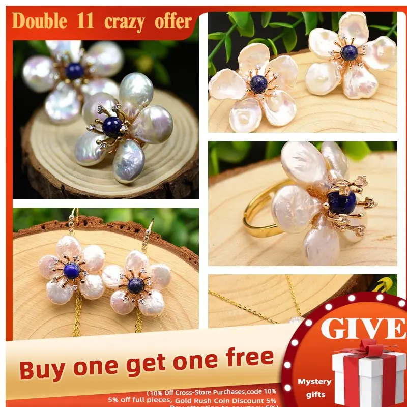 

GLSEEVO Lapis Lazuli Flowers Plant Natural Pearls Earring Bracelet Necklace Hairpin Brooch Women Trend Luxury Jewelry Wedding