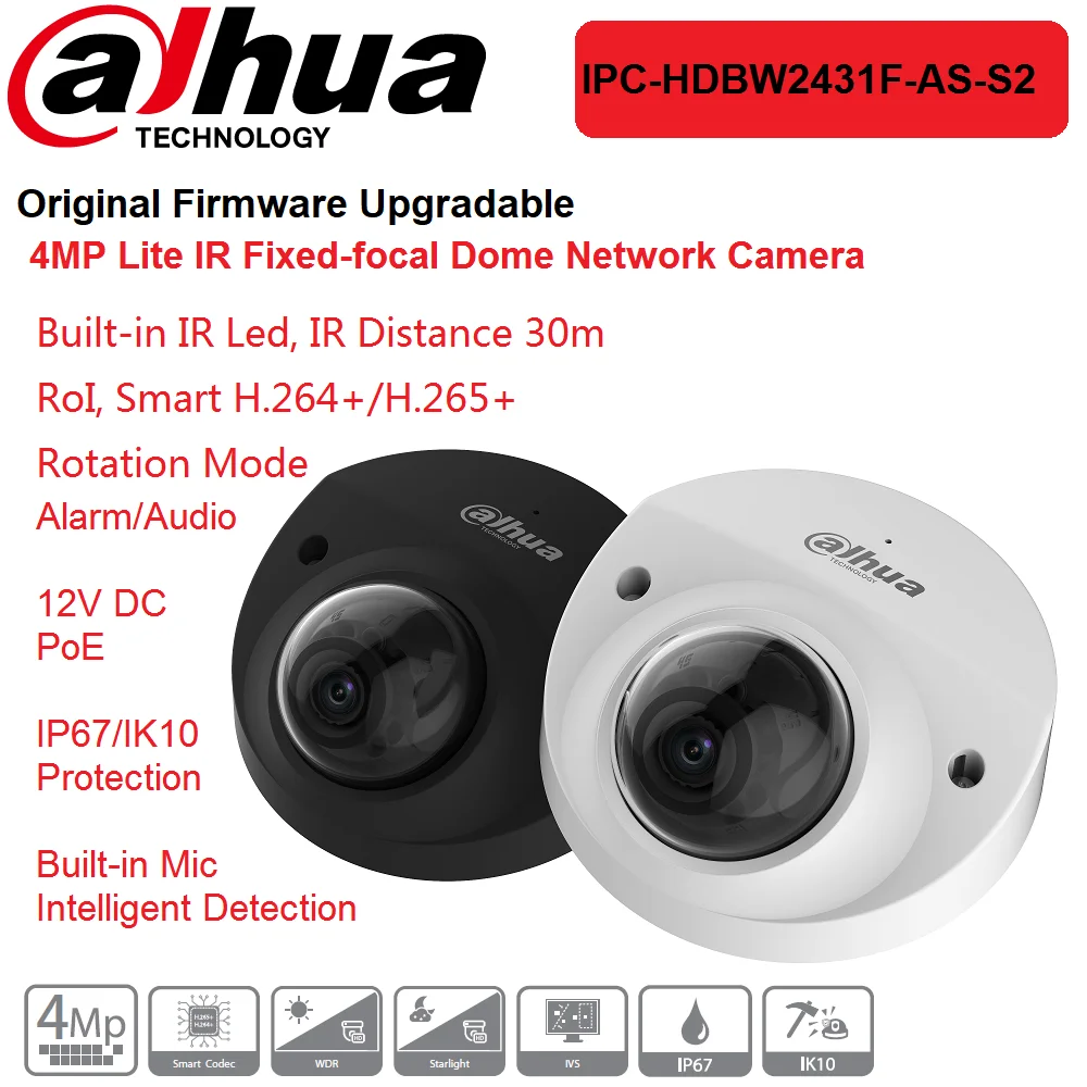 

Dahua IP Camera IPC-HDBW2431F-AS-S2 4MP Lite Fixed-focal Dome Network Cam Built-in Mic And IR Led Rotation Mode Intelligence