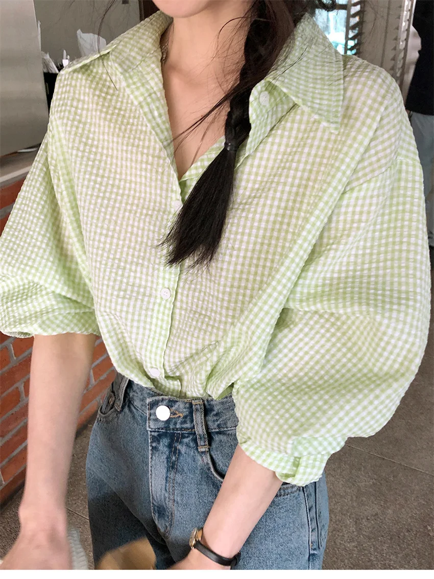 Рубашка женская Солнцезащитная в клетку с длинным рукавом стиле кэжуал