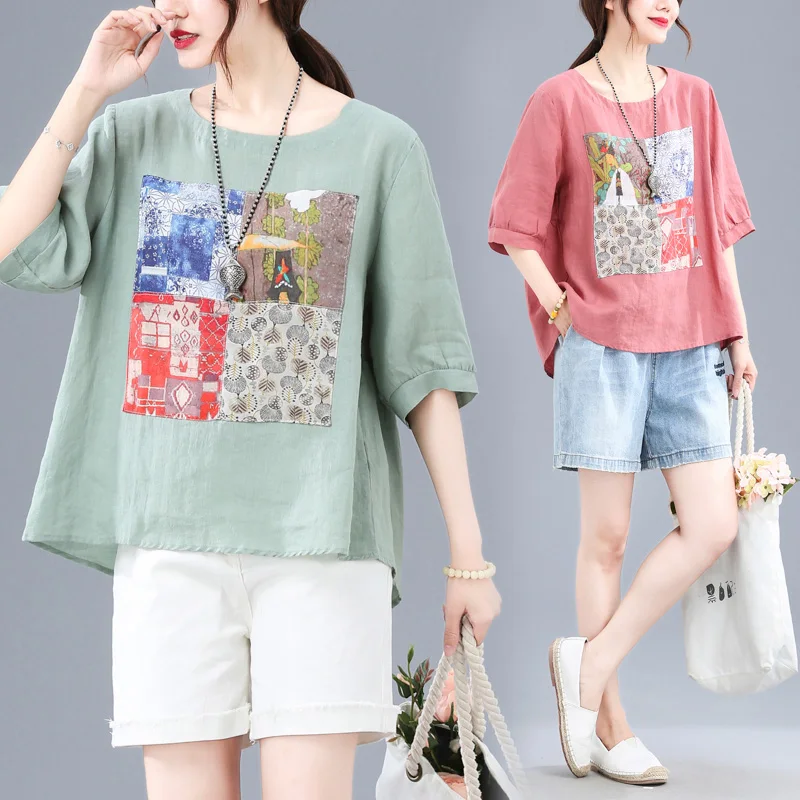 

Summer Vintage Age Reduction Literature And Art Stickers Cotton Linen Top Back Bow Loose Short Sleeve T-shirt Women