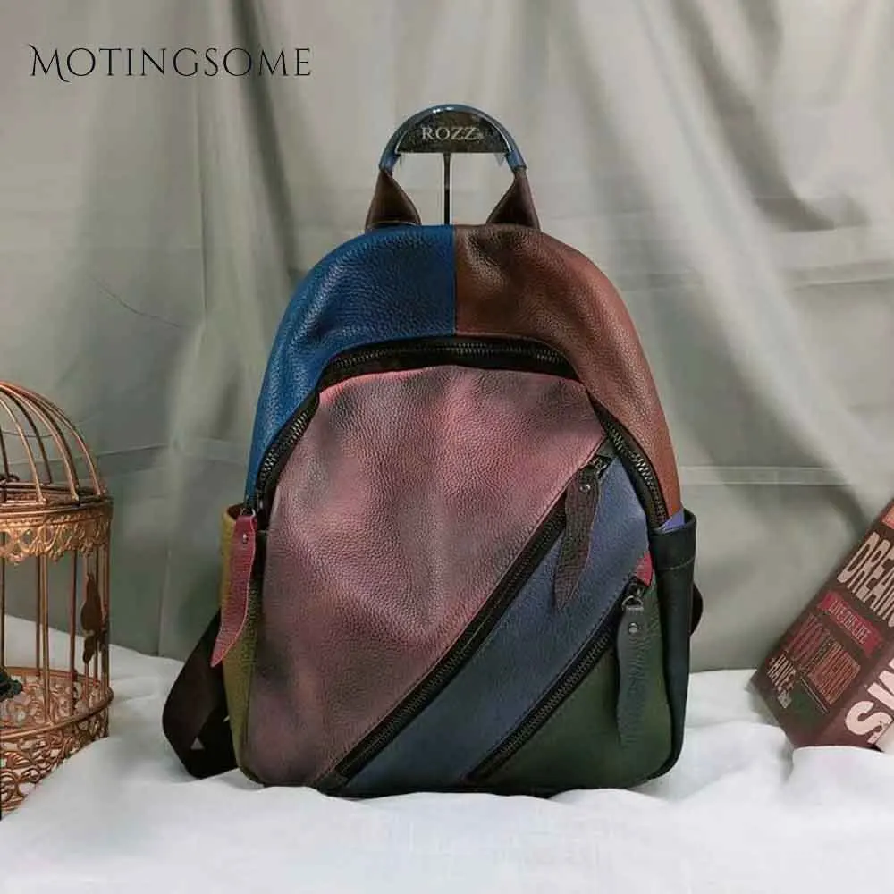 

Retro Style Genuine Leather Patchwork Women Backpacks fashion School Bag Real Cow Leather Colorful Bag Ladies Mochila 2021 New
