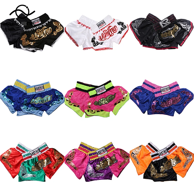 

Muay Thai Shorts Kids Satin Polyester Training Competition Boxing Shorts Women Men Embroidery Martial Arts Grappling Fight Wear