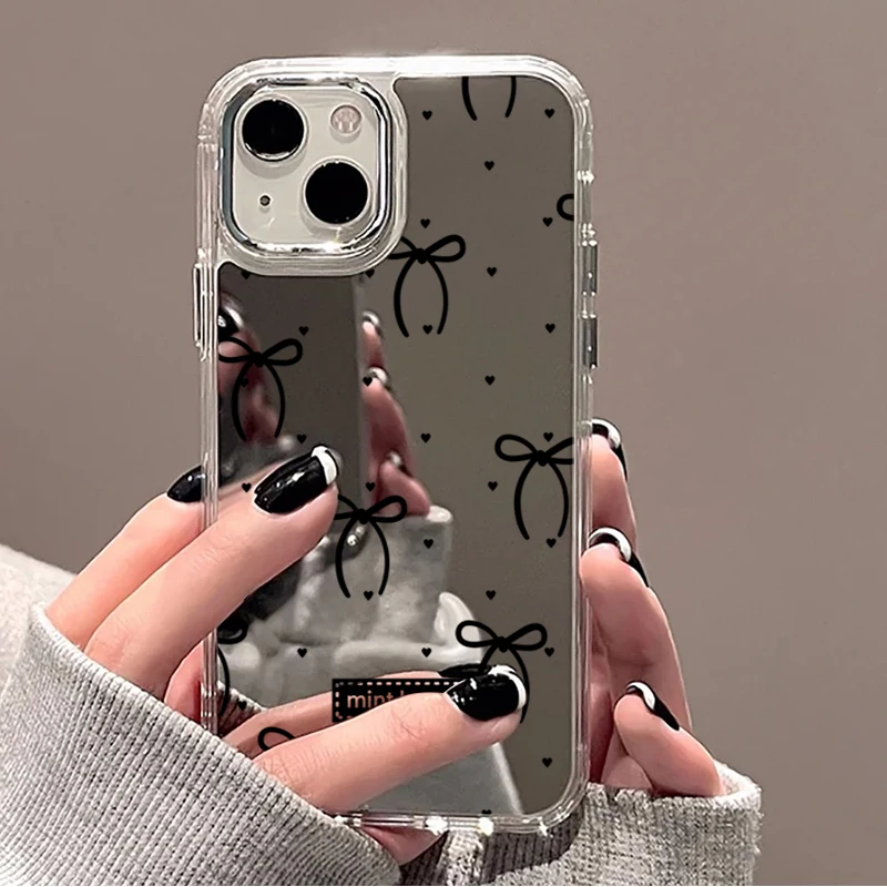 Фото Милый розово-черный чехол-зеркало с бантом для iPhone 17 16 Pro Max 15 14 Plus 11 12 13 Pro Max 16E, противоударный прозрачный чехол №3