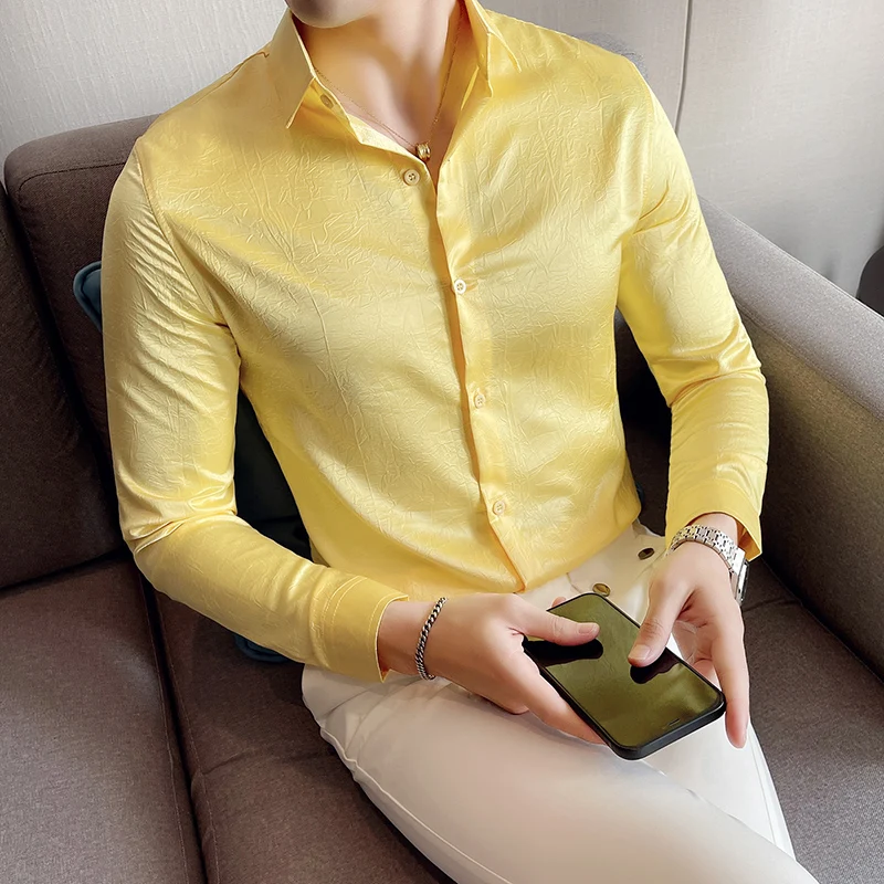 

Mens British Style Solid Long Sleeve Shirt Men Simple Slim Fit Casual Formal Chemise Homme Club Prom Tuxedo Dress Social Shirt