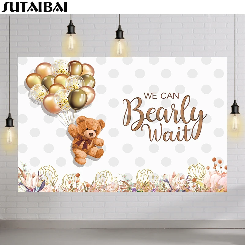 Bear Backdrop We Can Bearly Wait Backdrop Baby Shower Background for Girl Boy Flying Bear Baby Shower Backdrop Newborn Party