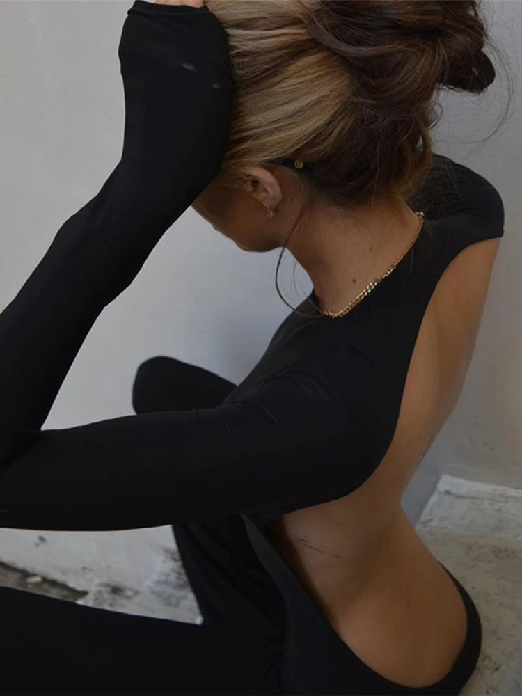 Женский комбинезон Cryptographic черный сексуальный с открытой спиной повседневные