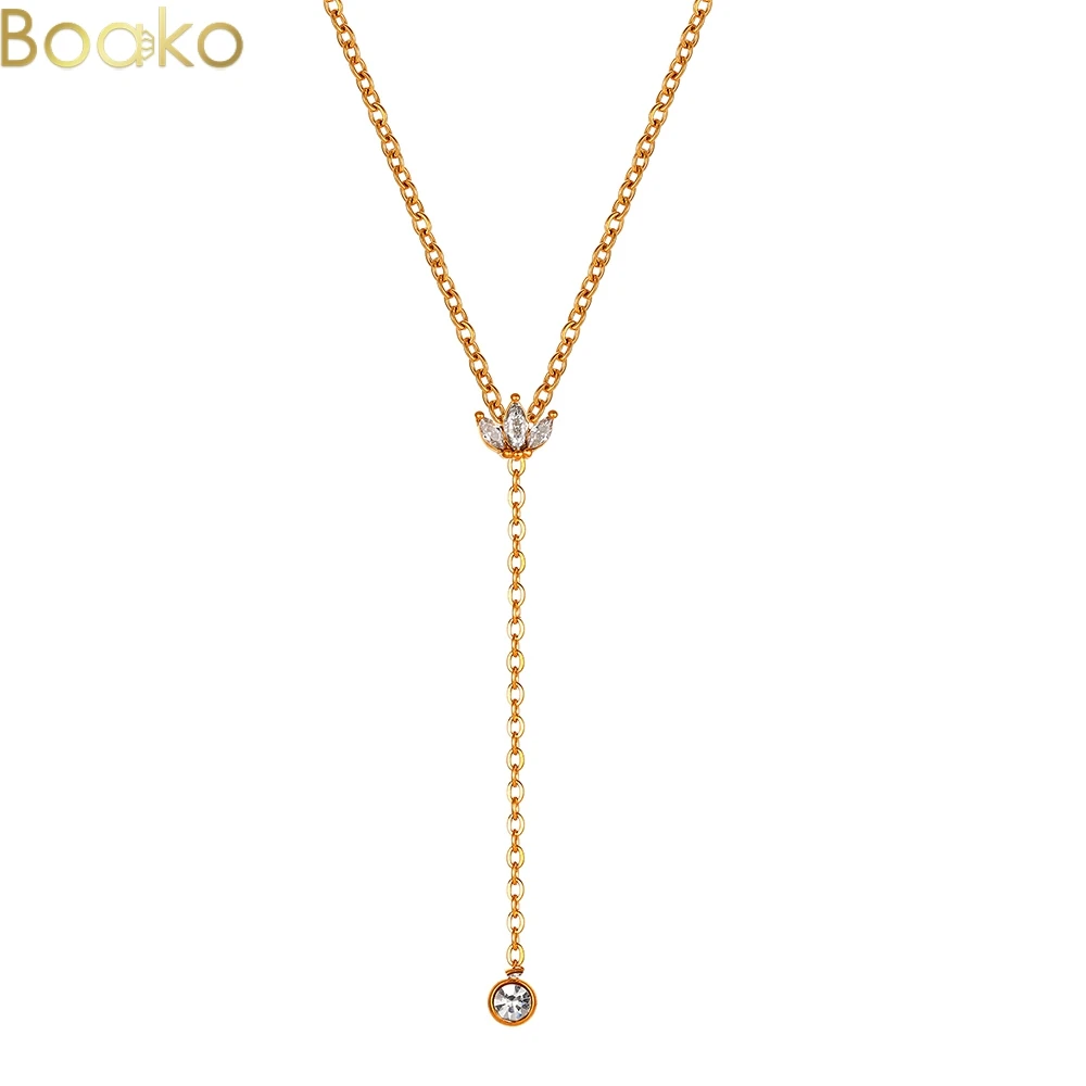 

BOAKO Fashion Stainless Steel Necklace for Woman Personality AAAAA Zircon Pendant Gold Color Necklace For Women New Year Jewelry