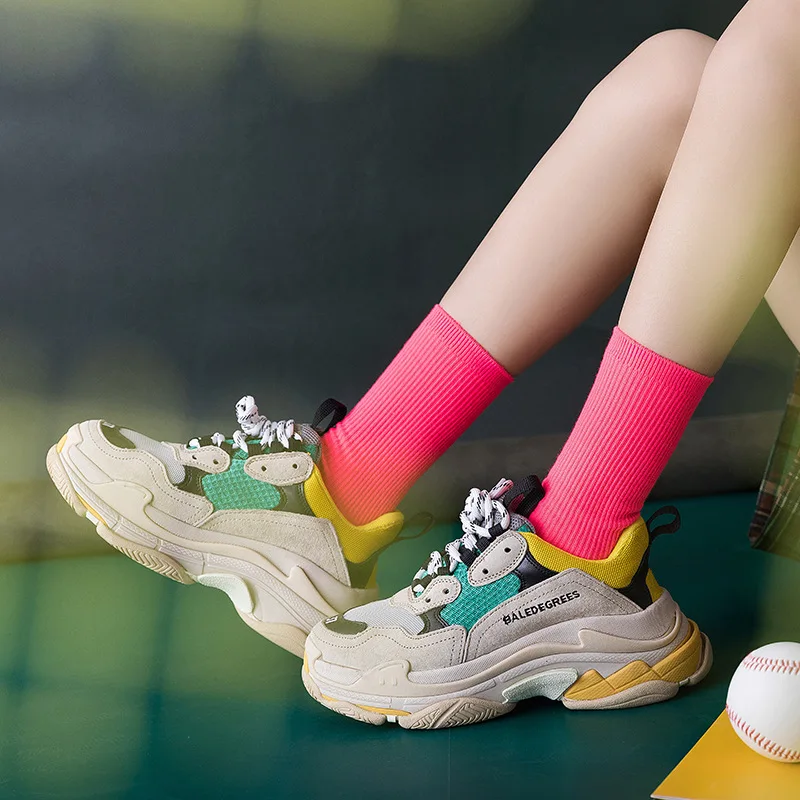 Colorful Harajuku Retro Women Lady Cotton Socks Fluorescent  Neon Color Korean Purple Yellow Pink Designer Skateboard Cool Cute