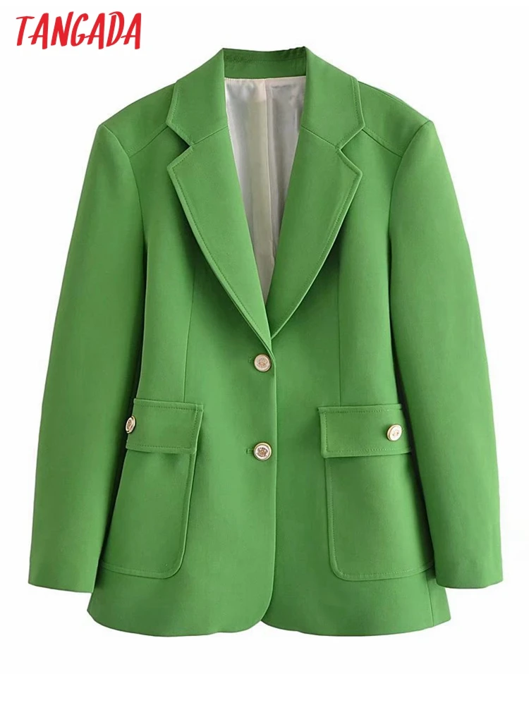 

Tangada Women 2022 Fashion Green Blazer Coat Vintage Golden Buttons Long Sleeve Female Outerwear Chic Tops 3H341