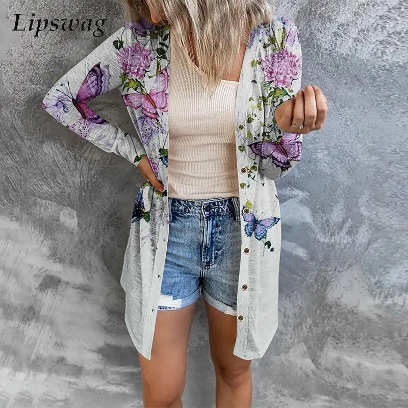 

Retro Butterfly Flower Print Cardigan Casual Long Sleeve Office Ladies Tops Outwear Women Spring Autumn Elegant Long Coat Jacket