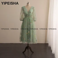 yipeisha mint green lace homecoming dresses real photos v neck tea length party gown with sleeves a line short cocktail dress