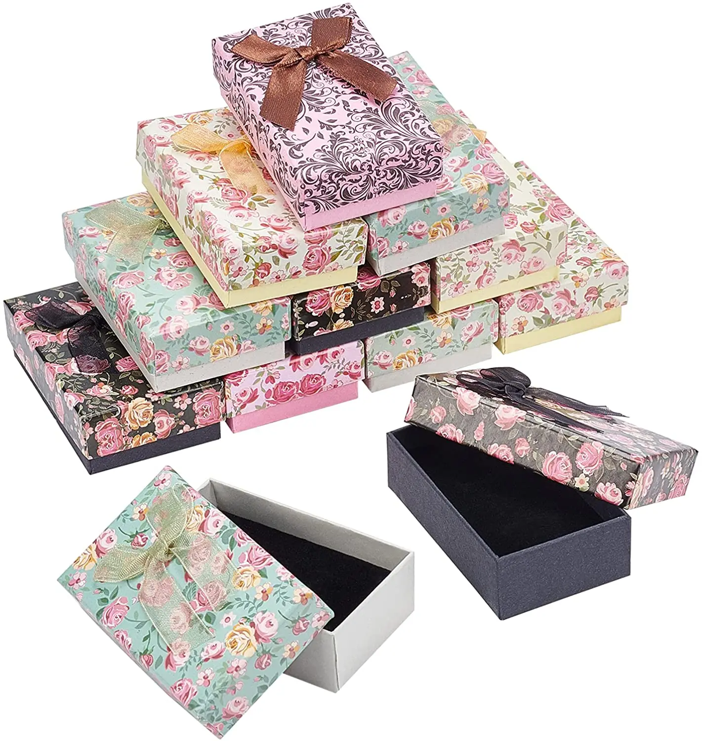 

20 PCS 8x5x2.6cm Cardboard Jewelry Earring Boxes 5 Colors Paper Set Boxes Storage Boxes with Ribbon Bowknot and Black Sponge