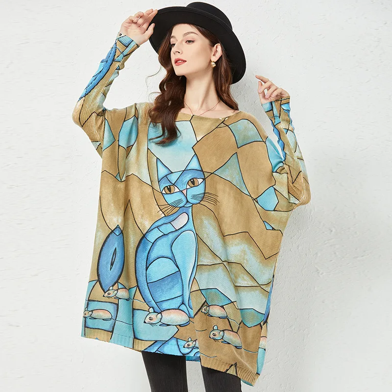 

Women Pullover Top Sweaters Loose Knitted Sweater Autumn Clothing Animal Print Urban Casual Tops Long Sleeve Top Streetwear Cat