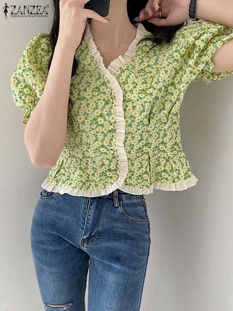 

2022 Fashion Holiday Short Tops Women Summer Blouse ZANZEA Elegant V Neck Shirts Casual Printed Camisas Oversized Ruffle Chemise