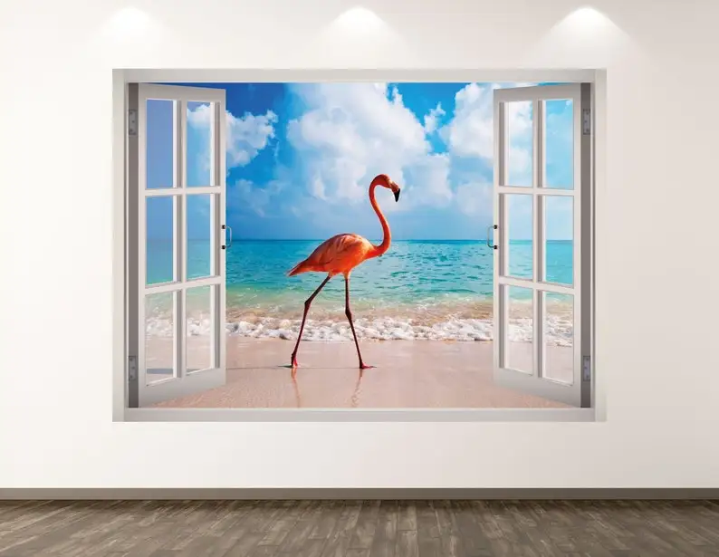 

Flamingo Wall Decal - Beach View 3D Window Wall Art Sticker Kids Decor Vinyl Home Poster Custom Gift KD41