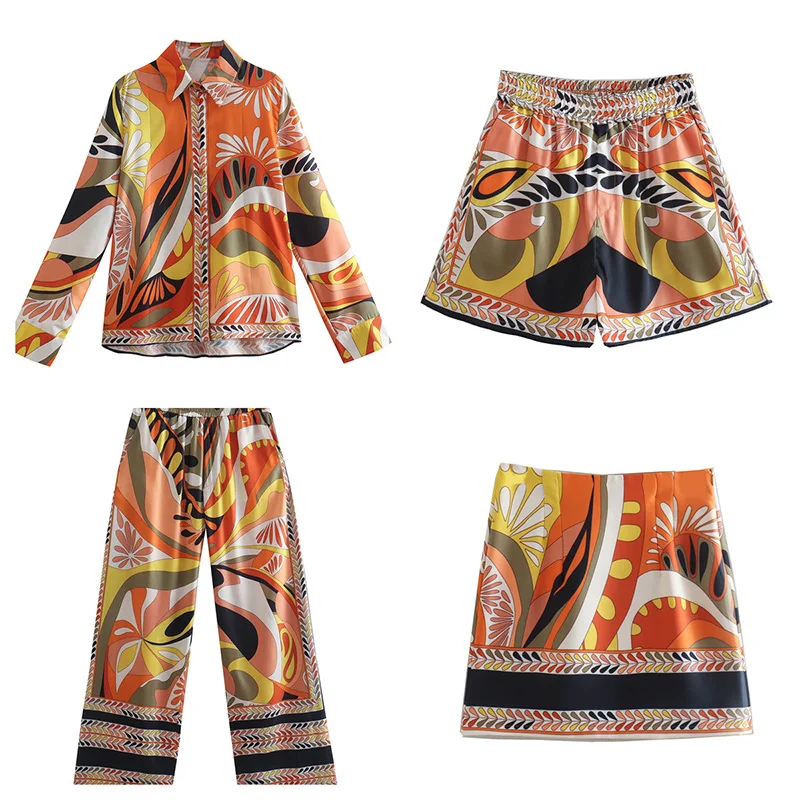 

2022 Female Clothing New Fashion Chic Lady Shirt + Print Wide-leg Pants +Mini Skirts +High Waist For Women Shorts Set L9978