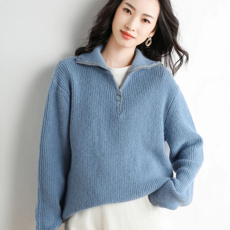 

New Brand Autumn and Winter Women Cashmere Wool Blended Sweater Thickened Lapel Pullover Warm Loose Knit Bottoming Coat Ladies
