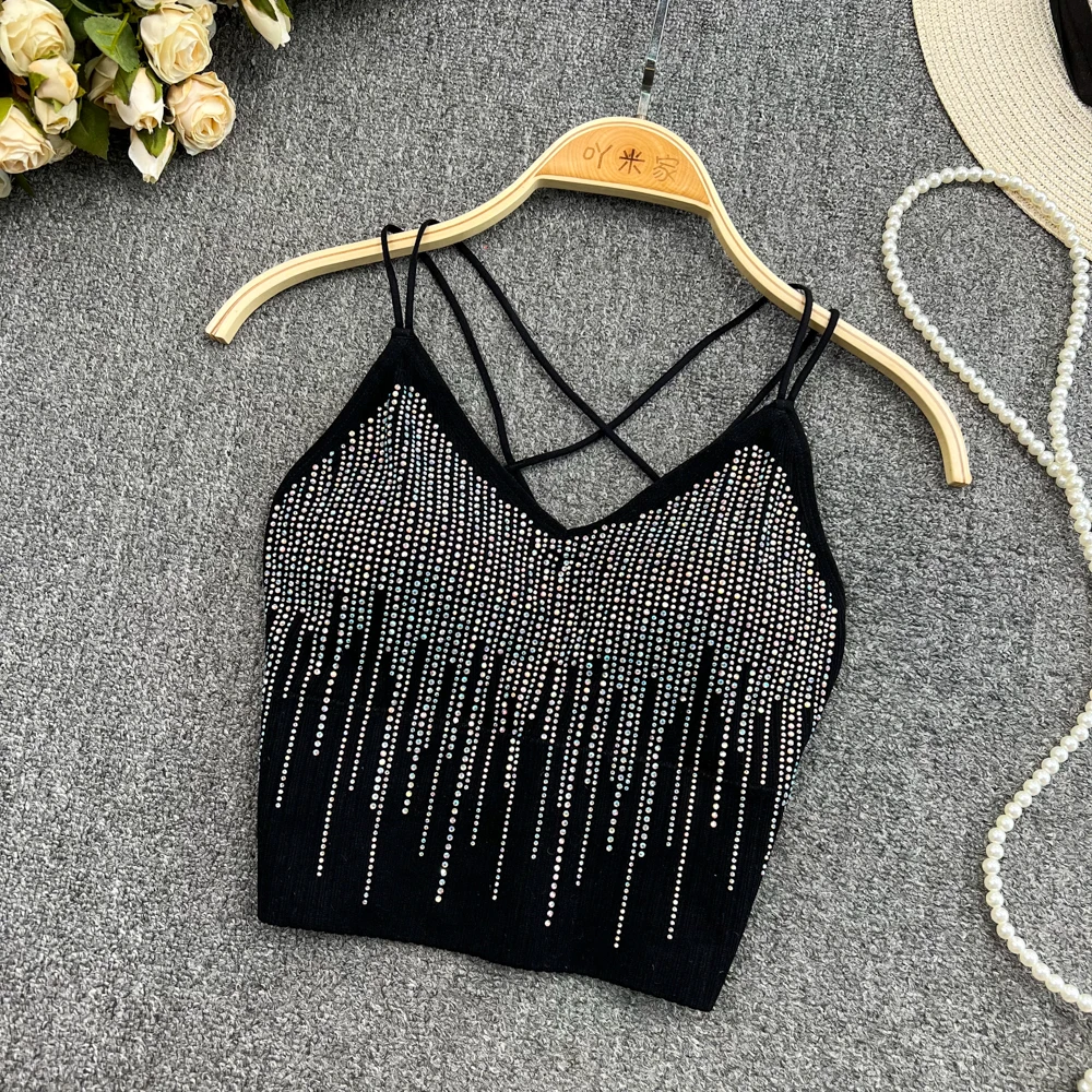 

Women's Knit Screw Thread Diamond Insert Backless Black Camis With Chest Pad Sexy Corset Sleeveless White Tank Tops Y2k Crop Top