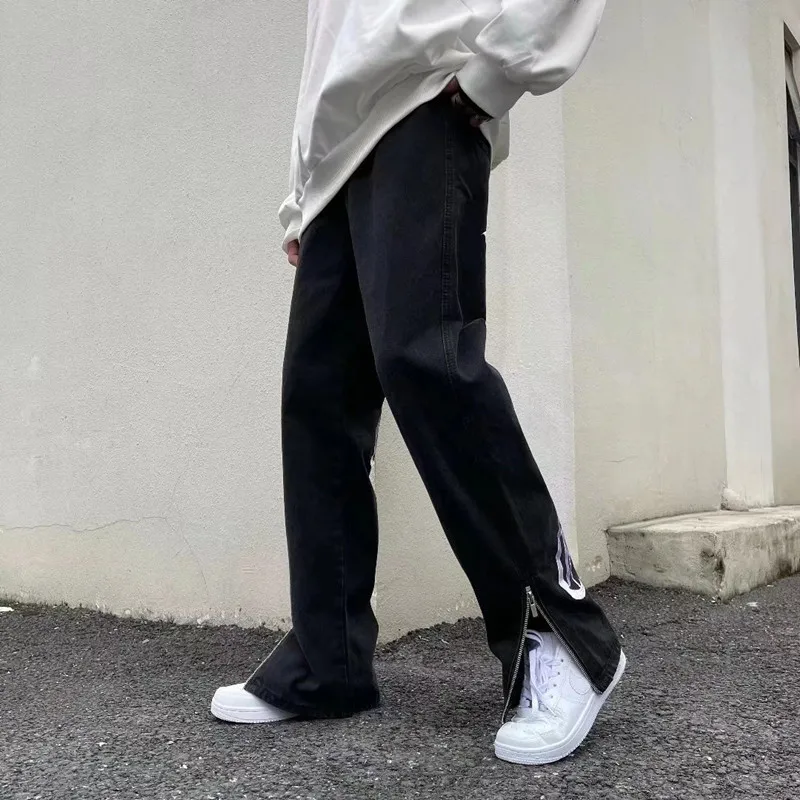 2022 Vibe Style Musical Note Embroidery Black Streetwear Men Slim Jeans Trousers Ankle Zipper Hip Hop Women Denim Pants Pantalon