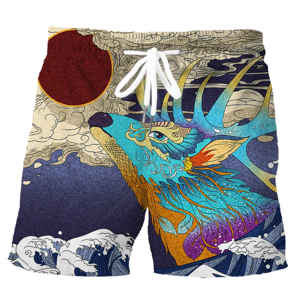 

CLOOCL Fashion Sports Shorts Ukiyo-e Japan Art Sun Waves Colorful Deer 3D Printed Pants Summer Polyester Men Casual Board Shorts