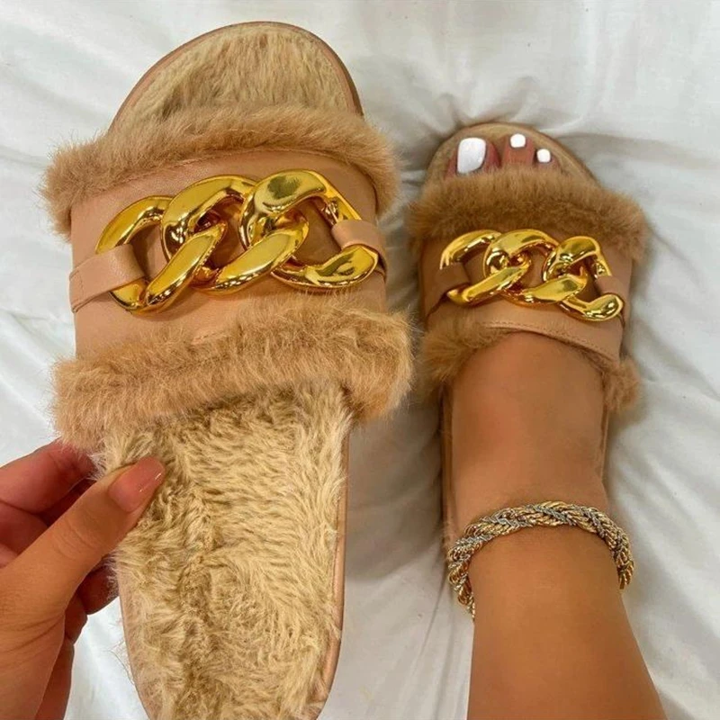 

Furry Slides Gold Chain Plush Slippers Flip Flops Faux Platform Cozy Slip on Flats Women Shoes Home