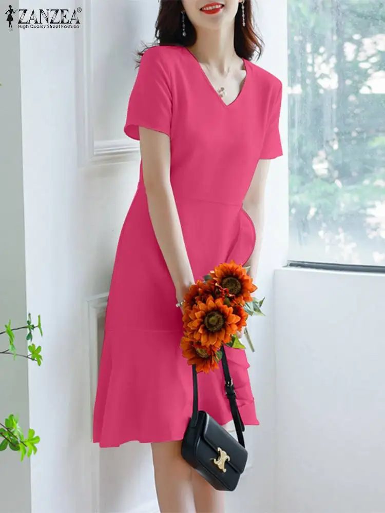 

Платье ZANZEA женское до колен, модное блестящее пикантное платье в Корейском стиле, облегающее розовое платье с коротким рукавом