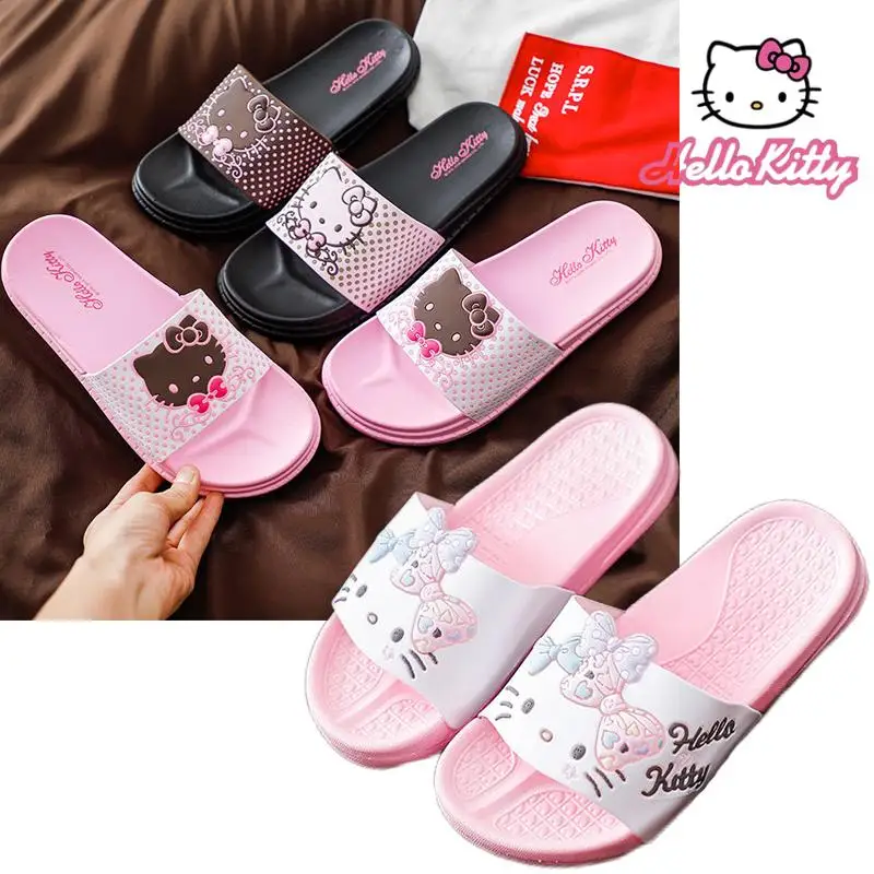 Zapatillas de Hello Kitty Sanrio para mujer, chanclas planas Y2K de gato Kt Kawaii, sandalias gruesas para el hogar, regalo de verano