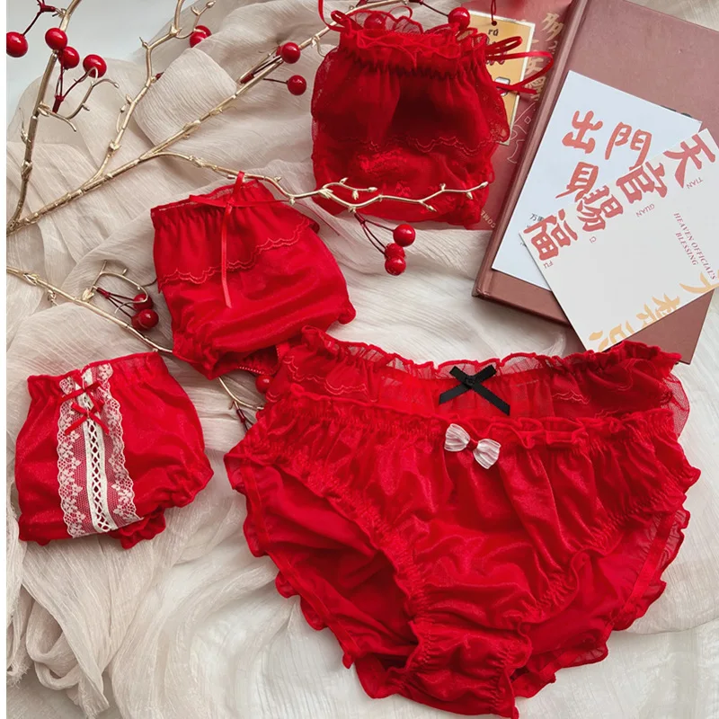 

Red Bow Wave Point Perspective Ladies Underwear Sexy Lace Mid-waist Girl Lolita New Women's Fungus Edge Panties Loli Mini