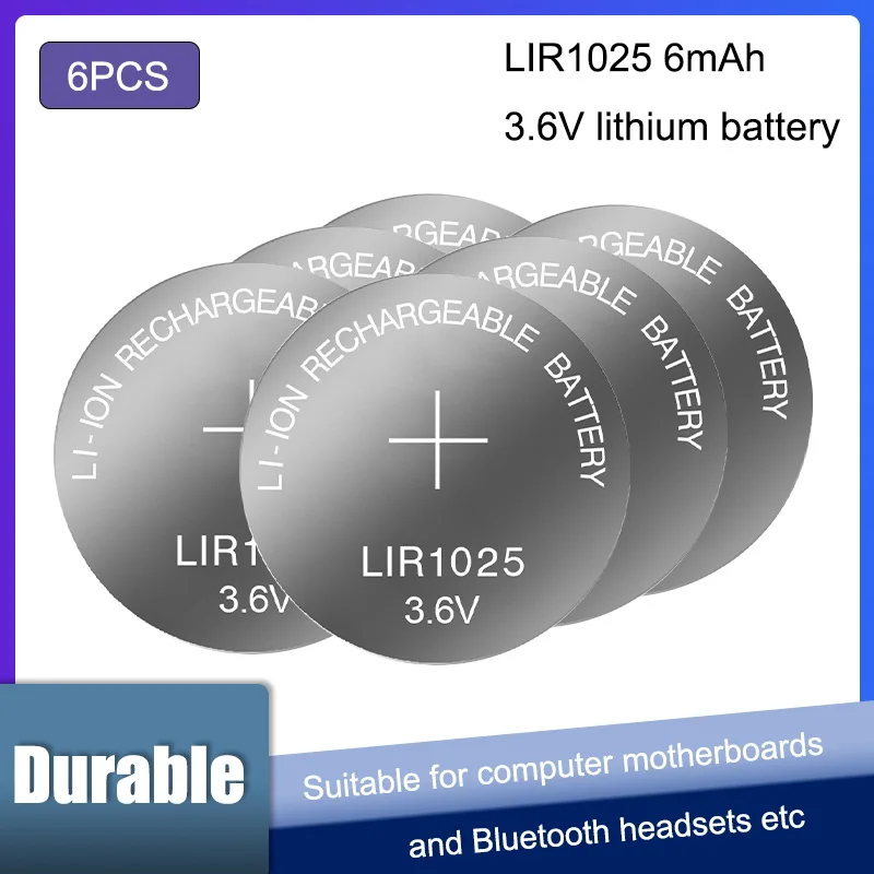

6 шт., литий-ионные перезаряжаемые батарейки 3,6 В, 6 мАч, CR1025 CR 1025