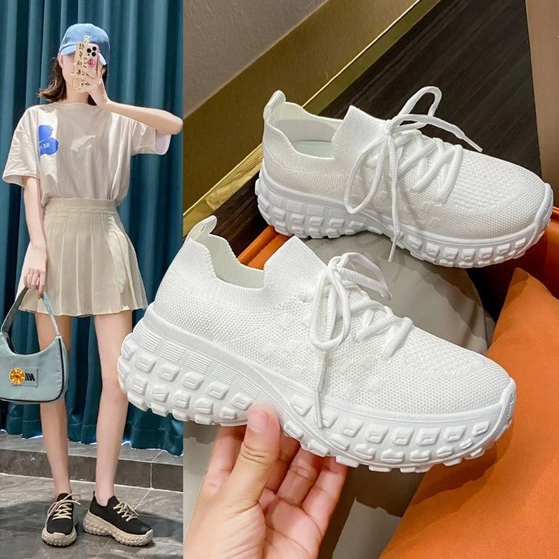 

Tire Sole Women Sneakers Fashion Casual Sport Shoes Elastic Fabric Breathable Platform Shoes for Woman White Ladies Slip-on Shoe