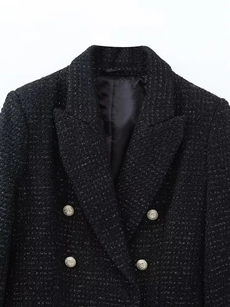 Jenny&Dave England Style Office Lady Double Breasted Tweed Texture Fashion Blazers Casual Jacket Women