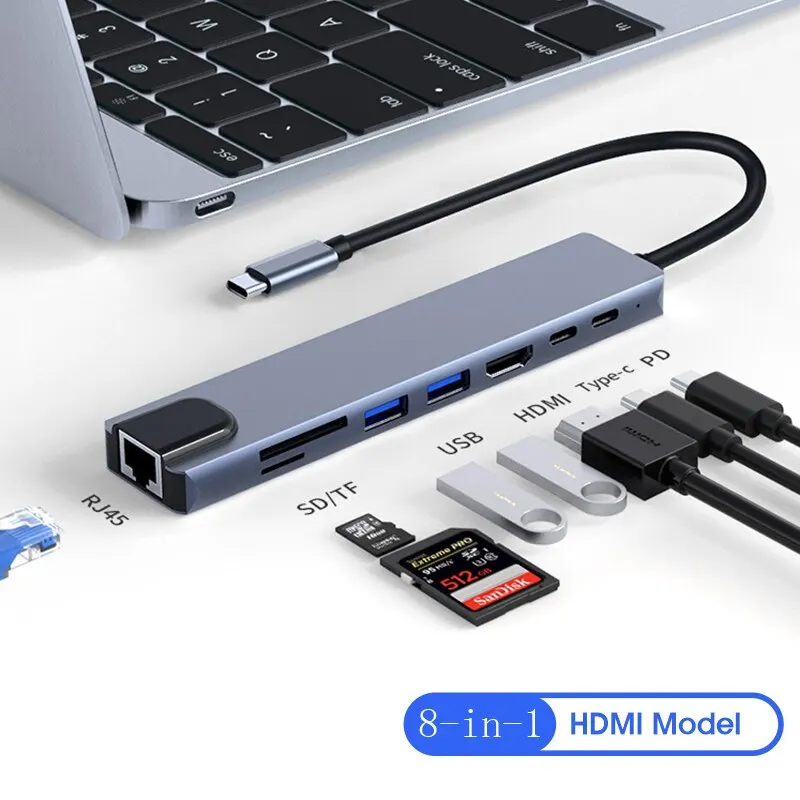 8 in 1 USB C Hub Type C 3.1 To 4K HD Adapter with RJ45 SD TF Card Reader PD Fast Charge for MacBook Notebook Laptop Computer Hub