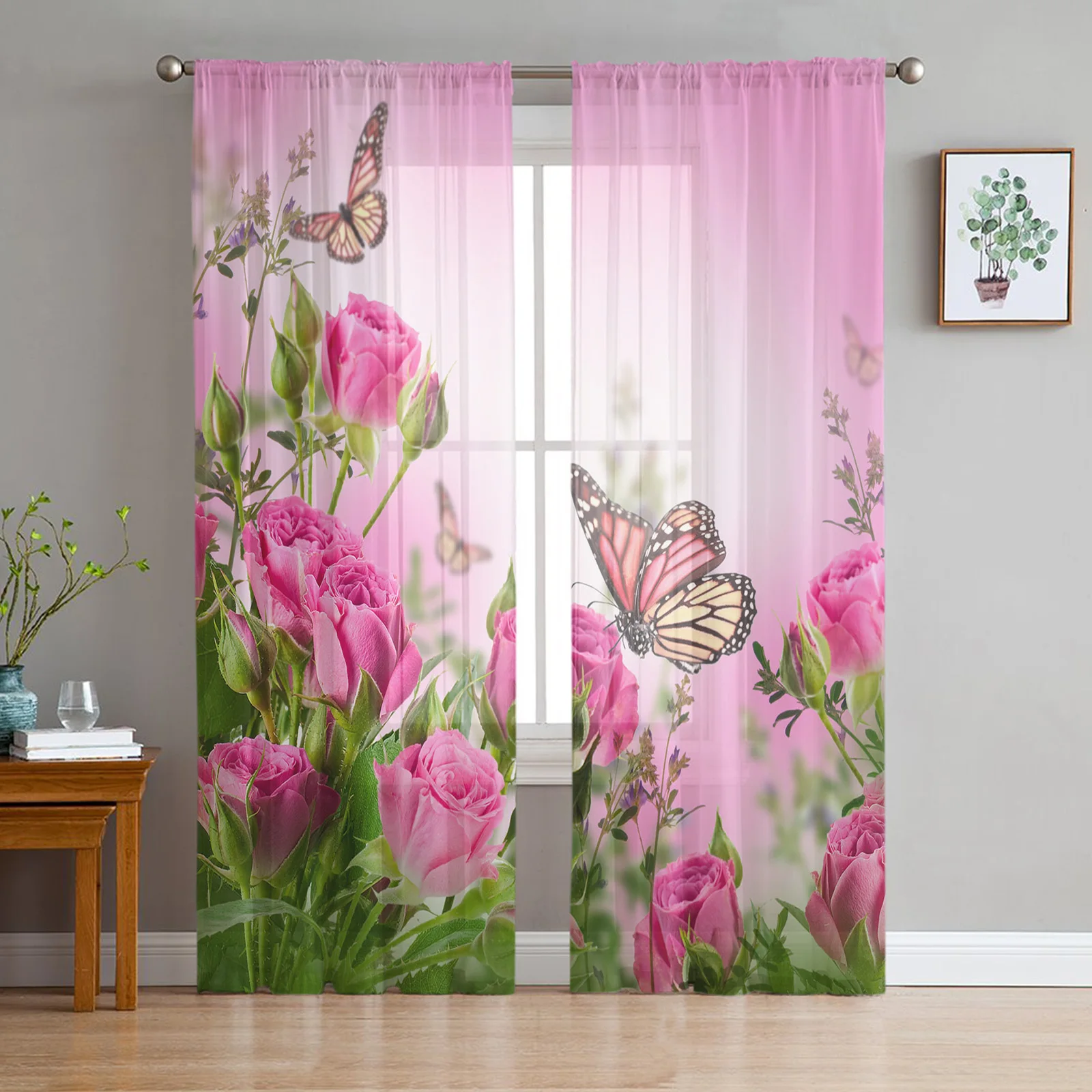 

Pink Rose Flower Butterfly Curtain For Living Room Transparent Tulle Curtains Window Sheer For The Bedroom Accessories Decor