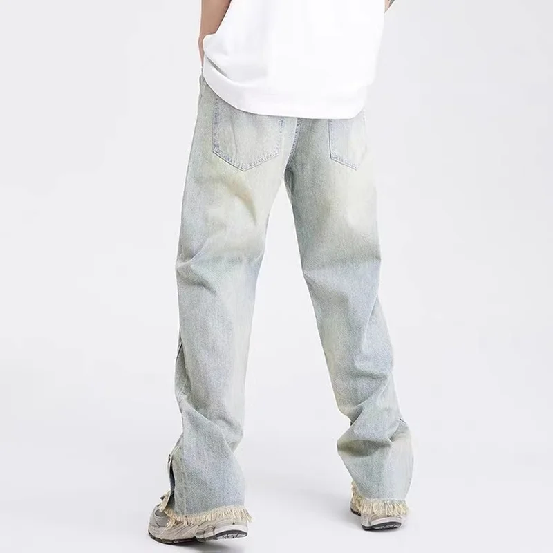 Men's Jeans High Street Hip Hop Frayed Breasted Straight Loose Jeans Y2k Pants Men Korean Fashion Streetwear Jeans Aestethic