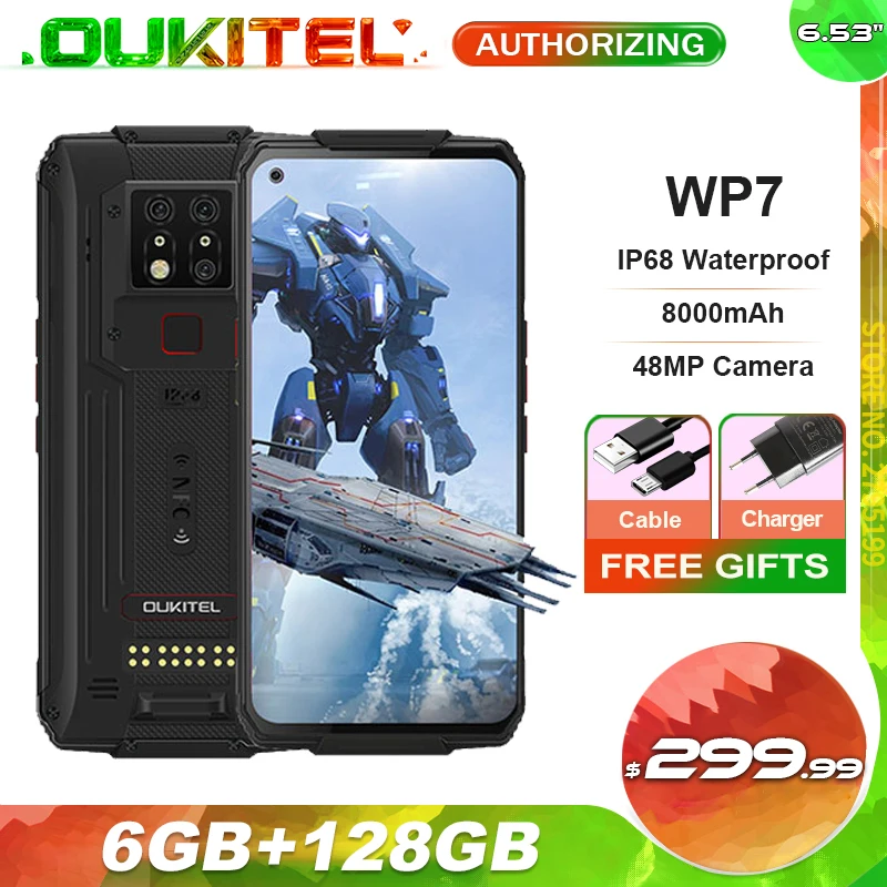 

OUKITEL WP7 водонепроницаемый смартфон, экран 6,53 дюйма, 6 ГБ + 128 ГБ