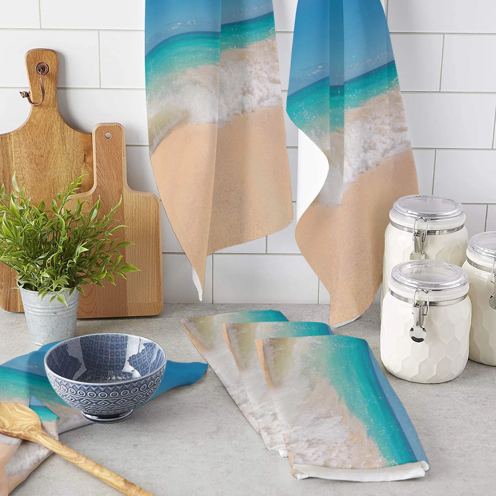 

Sea Beach Waves Microfiber Kitchen Towel Absorbent Non-stick Oil Wiping Rag Home Cleaning Dishcloth