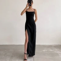 houzhou sexy spaghetti strap black dress women elegant bodycon square collar slim high slit evening party maxi long dress summer