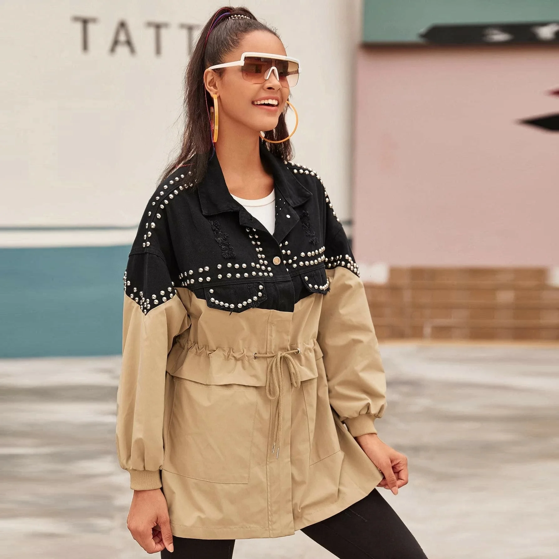 

Hot sell 2023 autumn winter denim coat women's medium long perforated denim patchwork trench coat