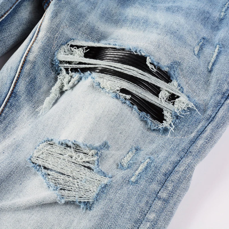 High Street Fashion Men Jeans Retro Light Blue Stretch Skinny Fit Ripped Jeans Men Leather Patched Designer Hip Hop Brand Pants