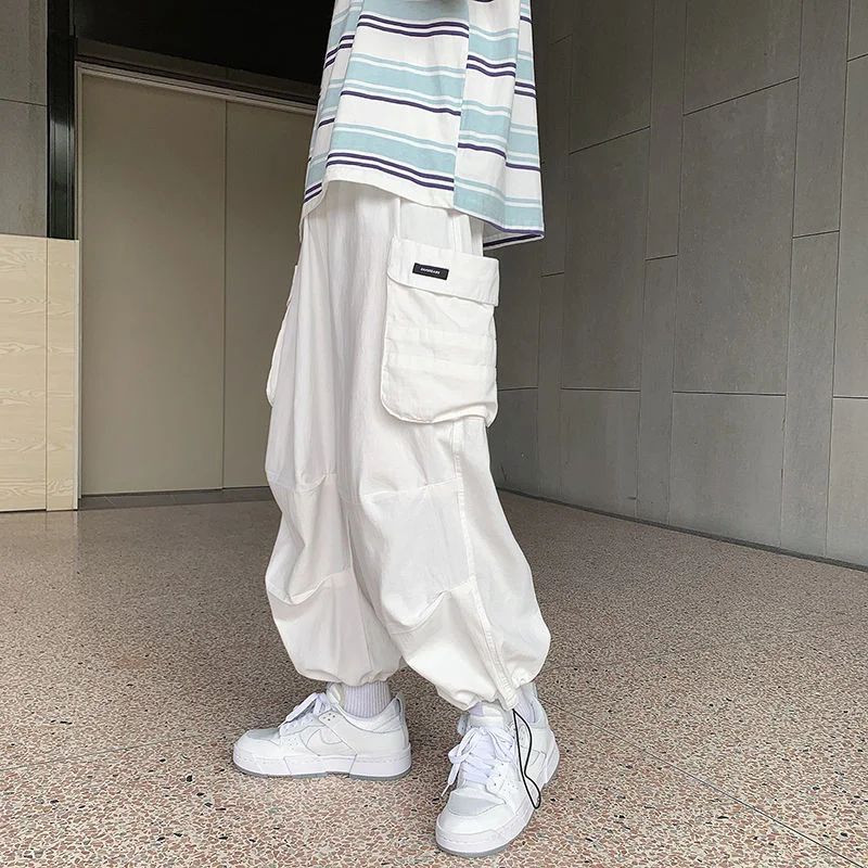 Pantalones informales con bolsillos para hombre, ropa de calle holgada, Hip Hop, de pierna ancha, color blanco, verde y negro, a la moda, M-2XL