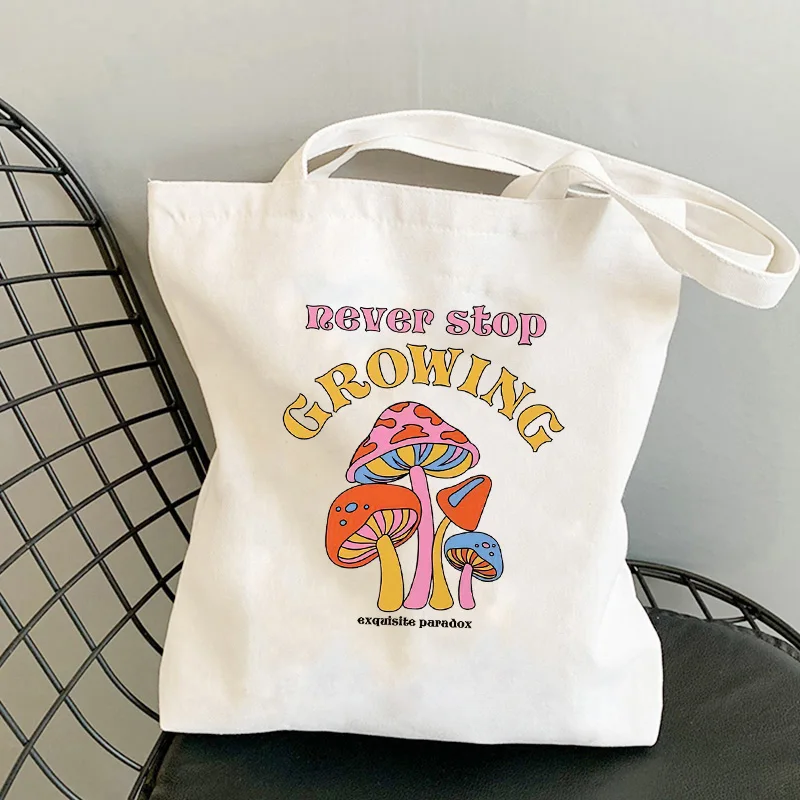 

Shopper Bag Women Tote Bags never stop growing mushroom Reusable White HandBags Summer Simple Beauty Aesthetic Student Book Bag