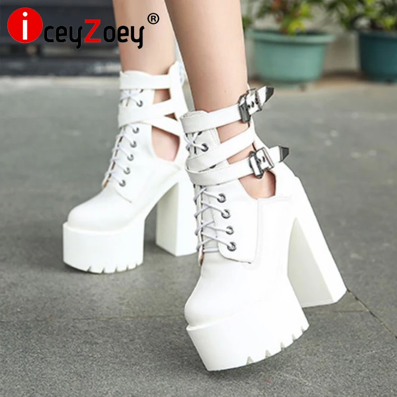 

IceyZoey новые женские полусапожки из натуральной кожи на платформе женская обувь на толстом каблуке с металлической пряжкой модная Уличная об...